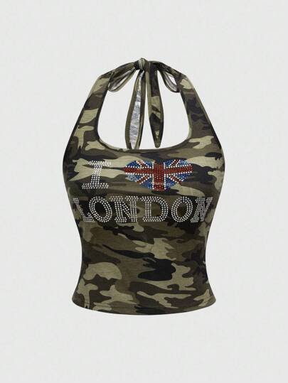Grunge Punk Y2K Baddie USA Flagge Englisch Strass Camouflage Muster eng anliegendes Trägertop für Frauen