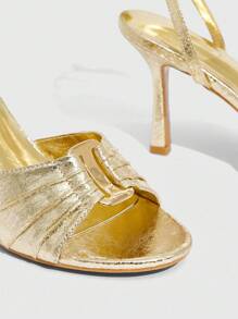 CUCCOO SZL 女士金色金属 PU 绑带踝带时尚性感方头夏季约会派对金属优雅圆头高跟凉鞋