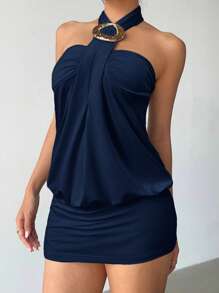 Aloruh Women's Y2K Cutting-Edge Sexy Bodycon Halter Metallic Button Decor Backless Mini Clubbing Dress - Navy Blue - View 4