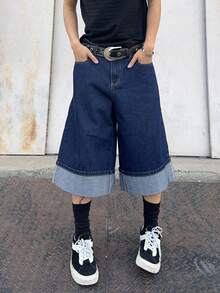 Manfinity EMRG 男士休闲街头风格卷边阔腿牛仔短裤 - 深色水洗藍 - 查看 6