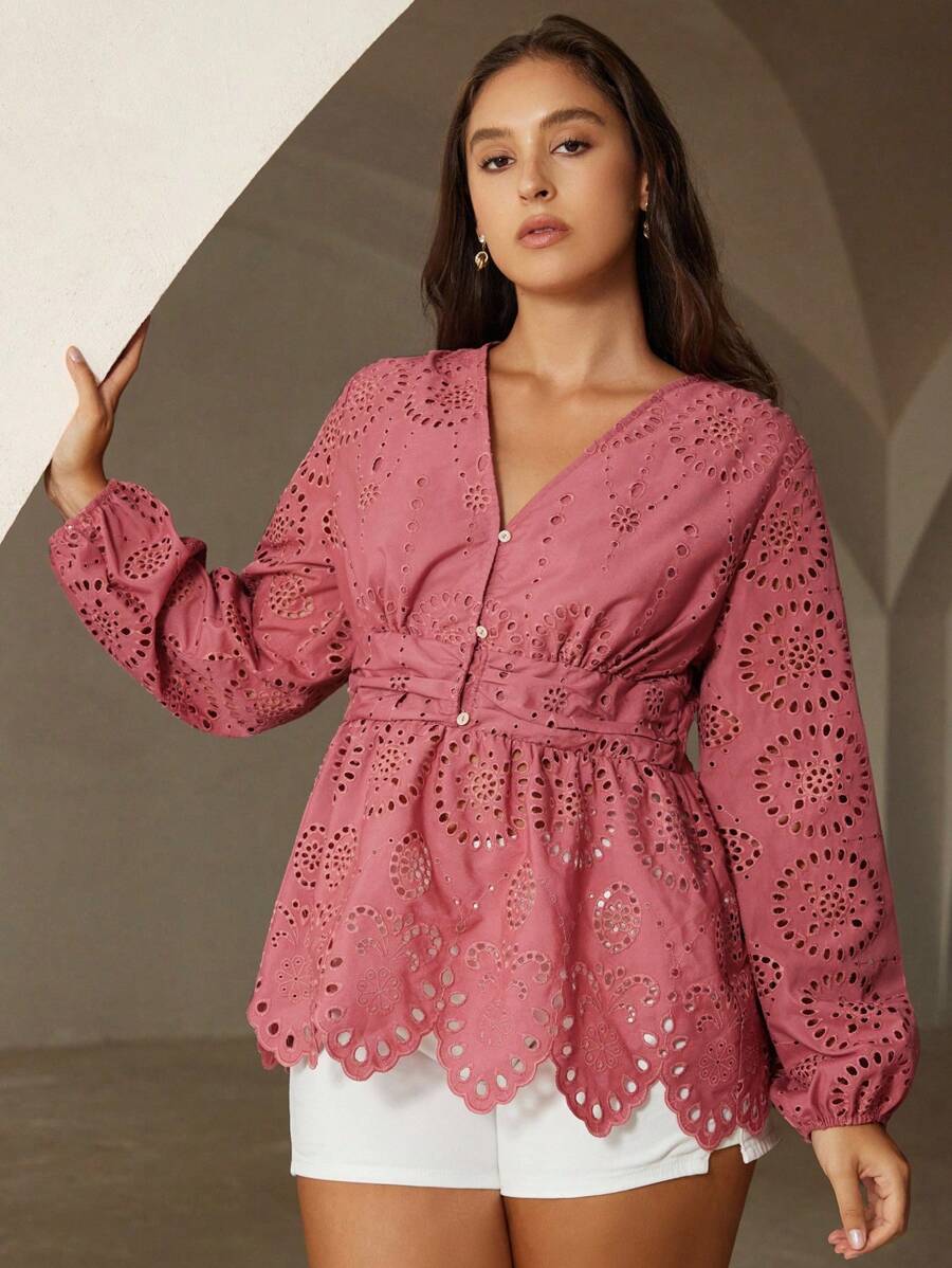 Aveloria Rosie Plus Size Women's Elegant Embroidered V-Neck Long Sleeve Fitted Shirt Fall Cloth For Women