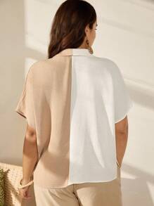 Nubod 夏季大尺碼女士色塊蝙蝠袖休閒寬鬆襯衫，帶翻領