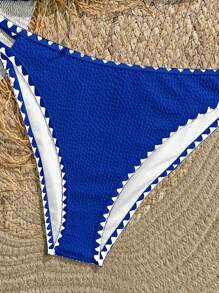 SHEIN 少女白色针织纹理蓝色贝壳图案工艺，夏季沙滩锁边三角比基尼套装，沙滩装泳衣夏季，夏季沙滩 - 藍色 - 查看 4