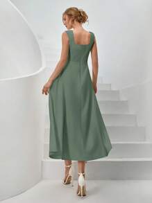 CLARA VERO 女士纯色梭织春夏季度假装长款衬衫裙系带低 V 腰侧开衩蓬蓬裙 - 薄荷綠 - 查看 2