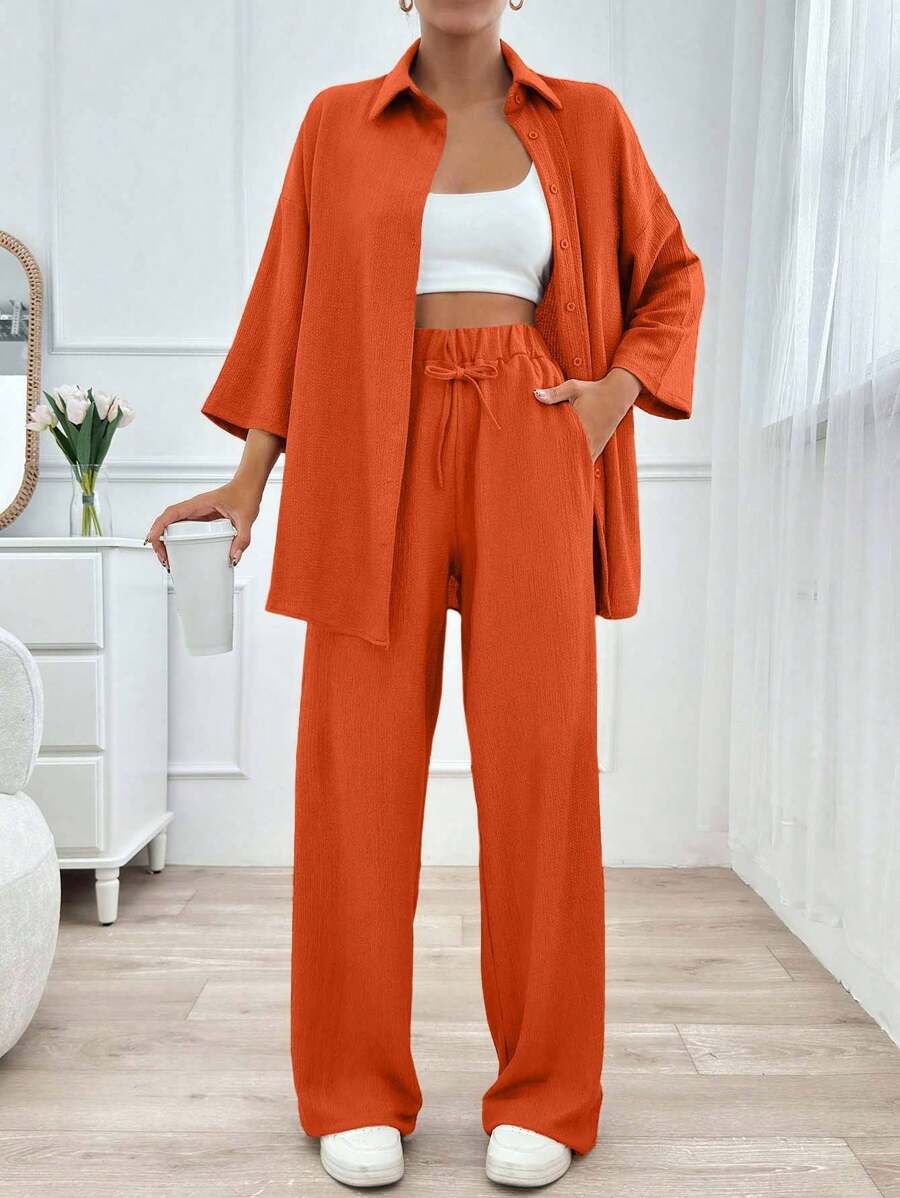 EURMUSE Bộ quần áo và áo sơ mi trơn màu thường ngày dành cho người đi làm - trái cam - Xem 1