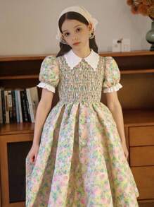 SHEIN Vintaside Kids Tween 女孩度假休闲碎花泡泡袖娃娃裙