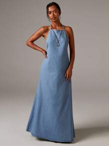 Athîral Denim Women's Chambray Denim Halterneck Backles Maxi Dress,Fall Women Clothes,Holiday,Vintage Dress,Modest Dresses For Women - Light Wash - View 6