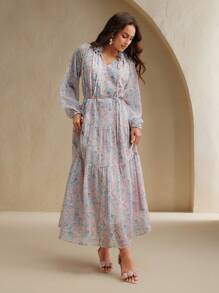 Anewsta 女式长款花卉印花休闲连衣裙，带花卉贴花领和长袖，松紧腰身，优雅度假春夏/复活节