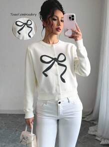 Gloray Minimalist Style Commute & Date-Suitable Bow Embroidered Casual Elegant Knitted Cardigan For Travel Knitted Sweater Fall Cloth For Women - Beige - View 3