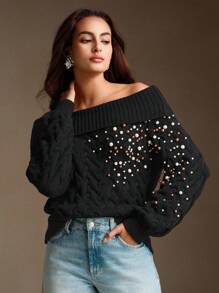 Anewsta Jersey de punto elegante con adornos de perlas, estilo francés para mujer - Negro - Ver 5