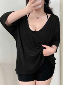 Dazy Plus Camisa tipo cubre con cuello en V profundo, manga corta y holgada, para el verano