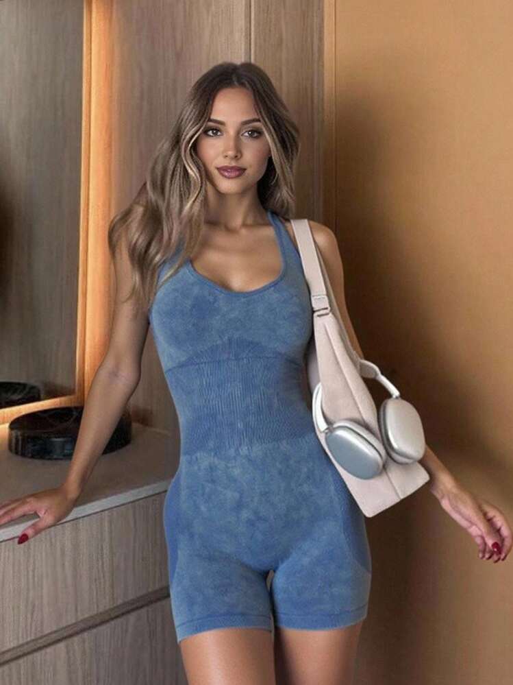 Innovista Women's Blue Summer Tie Dye Seamless Workout Jumpsuit With Built-In Bra,Athleisure Gym Romper,Tummy Control Yoga One Piece Exercise Suit,Y2k Romper - Blue - View 7