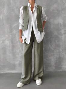 SHEIN Conjunto De Chaleco Y Pantalones Largos De Color Sólido - Verde Oliva - Ver 5