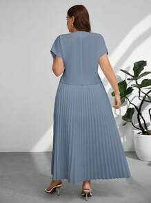 Firerie Plus Size Summer Elegant Solid Color Short Sleeve Top And Pleated Skirt 2 Pieces Set Spring - Dusty Blue - View 2