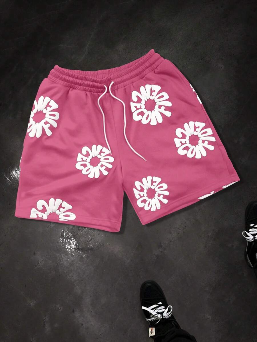 Manfinity EMRG 男士字母印花抽绳腰口袋休闲宽松短裤 - 玫紅色 - 查看 1
