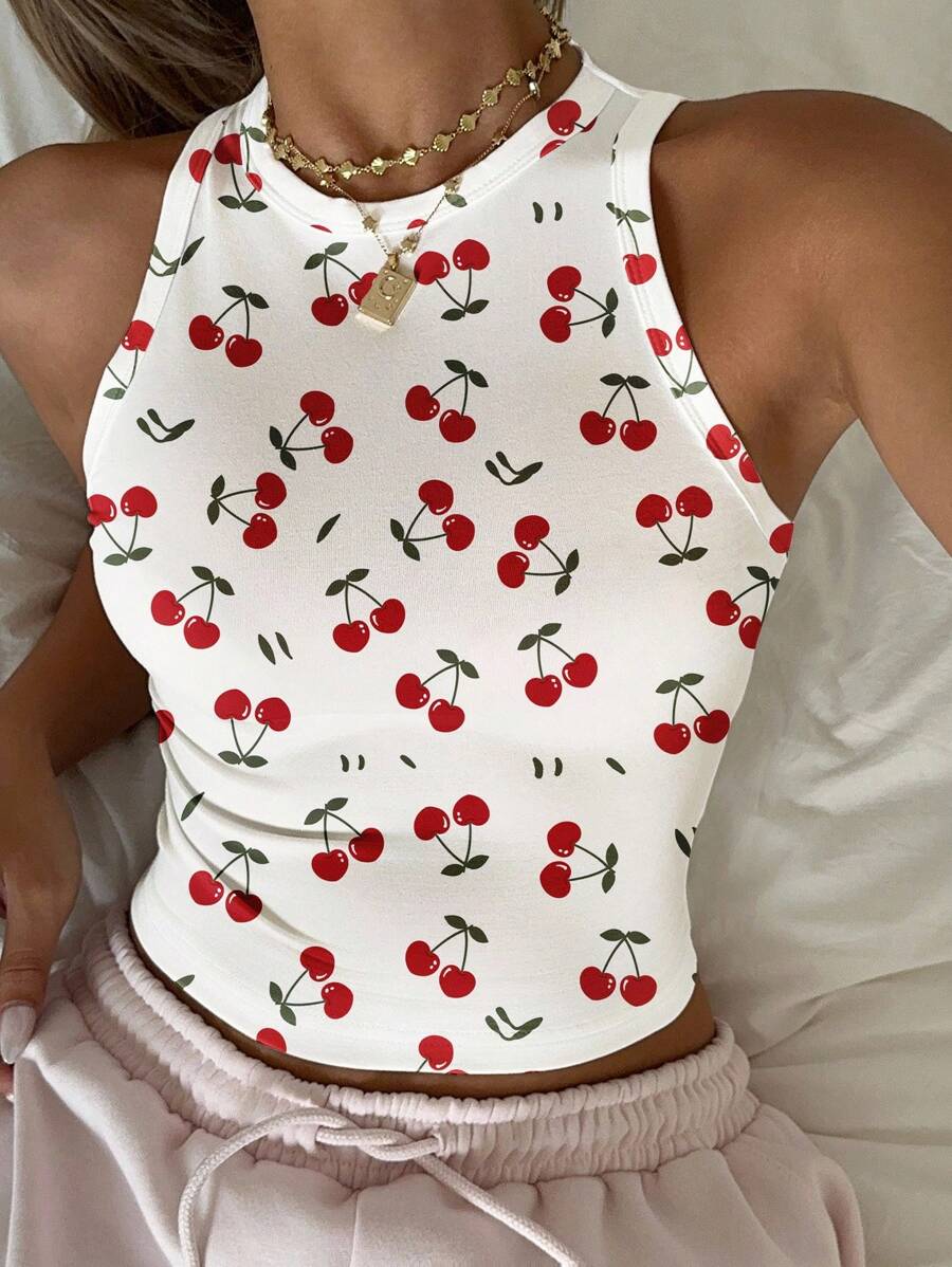 SHEIN EZwear Áo ba lỗ cổ tròn in họa tiết quả anh đào đơn giản, giản dị dành cho nữ, thích hợp mặc hàng ngày vào mùa hè, đáng yêu - Nhiều màu - Xem 1