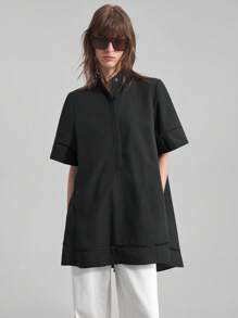 Ontre 2025 Women's Solid Color Button Half Placket Short Sleeve Pocket Casual Shirt, Suitable For Daily Casual, Commuting, Music Festivals, Brunch, Summer Shirt, Elegant Ladies Shirt, Party Wear, Business Casual, Office Attire, Professional Women's Clothing, Button-Up Shirt