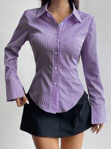 Sweetra 女士长袖单排扣休闲修身条纹衬衫 - 紫色 - 查看 4