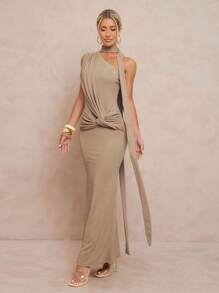 Lumalex 女式扭花领单肩鱼尾修身闪亮超长连衣裙 - 卡其色 - 查看 4