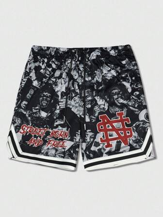 Street Life Men's Graphic Letter Character Print Casual Shorts, Suitable For Spring & Summer