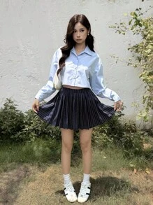 SHEIN 少女蓝色条纹百褶裙和百搭衬衫两件套校服套装 - 藍色 - 查看 3