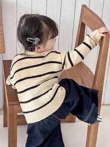 DAZY 女婴休闲条纹落肩毛衣，日常穿着 - 米色 - 查看 2