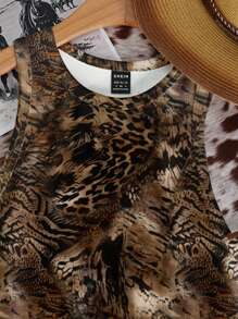 SHEIN EZwear 休闲简约圆领波西米亚风格西部游牧豹纹和奶牛印花图案紧身女式背心，适合夏季、俱乐部适合外出 - 彩色 - 查看 5