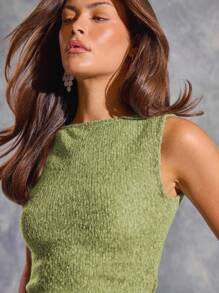 MUSERA 斜裁船领针织无袖上衣，伊比沙岛，Y2K，酷女孩，节日，锐舞派对，度假，夜店，可爱外出上衣，优雅春夏狂欢节假日 - 綠色 - 查看 2