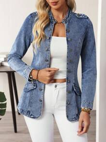 EMERY ROSE Women's Long Sleeve Single-Breasted Casual Versatile Denim Jacket Women Denim Jacket Blue Jean Jacket Acid Wash Denim Jacket Women Jean Blazer Denim Button Down Jacket - Blue - View 6