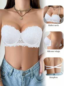 1pc Lace Lingerie Bra, Underwire Plunge Lingerie Bra For Small Bust, Push Up Invisible Backless Lingerie Bra - White - View 6
