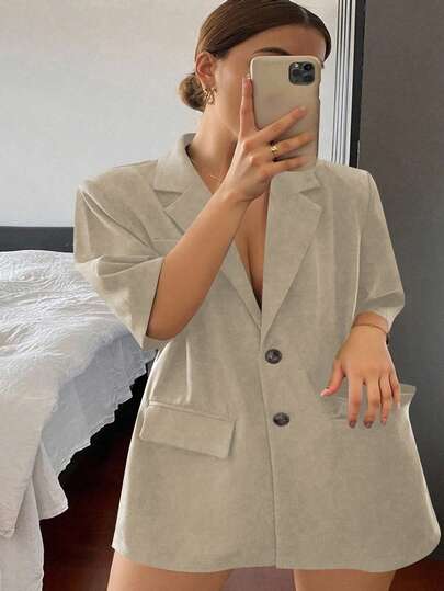 Dazy Plus Plus Size Solid Color Lapel Collar Loose Pocket Short Sleeve Black Jacket Blazer Business Attire