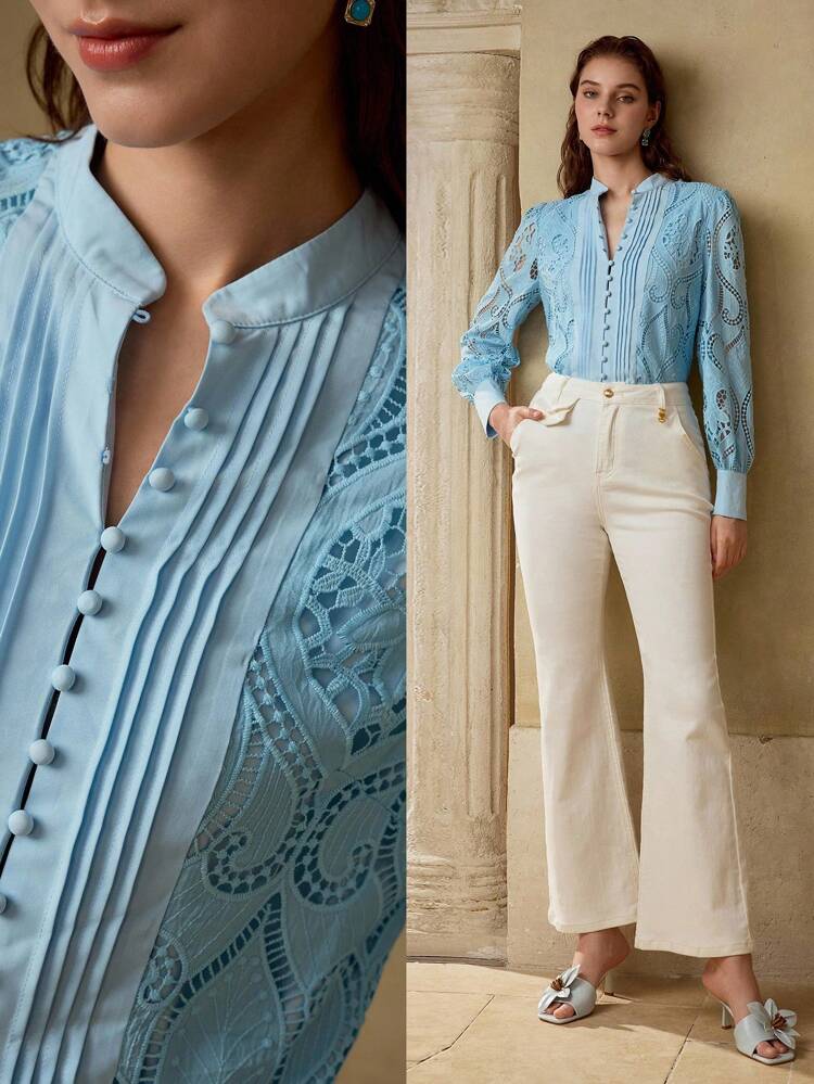 CONTRAST LACE BUTTON UP BLOUSE