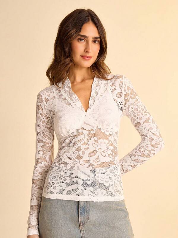 CAJUNI Women's Lace V-Neck Long Sleeve Slim Fit Fashion Blouse-Fall Clothes-Going Out Outfits