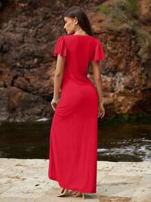 Vestido largo con cuello en V profundo y botones frontales para mujer