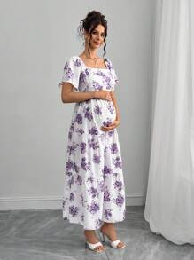 Momance 孕妇优雅度假花卉印花方领飘袖胸部褶皱层叠下摆连衣裙，夏季 - 白色 - 查看 4