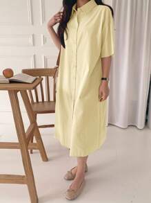 DAZY 女士宽松中长款短袖衬衫裙/长款连衣裙 - 米色 - 查看 4