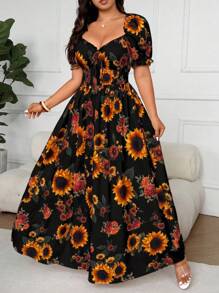 Vionelle 大码女式度假向日葵印花单肩高腰优雅连衣裙 - 黑色 - 查看 4