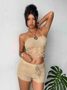 Aloruh Women's 2 Pieces Set: Apricot Crochet Spaghetti Strap Top And Ultra Low Waist Mini Floral Print Shorts, New Arrival Spring/Summer Vacation Outfit - Apricot - View 6