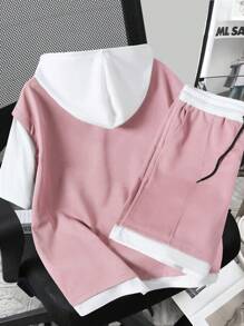 Claim Dot Bộ đồ nam gồm áo thun có mũ tay ngắn màu tương phản, có dây rút và quần short có dây rút ở eo, bộ đồ hoodie nam thường ngày hai mảnh dành cho nam - Hồng - Xem 2