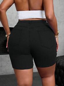 SHEIN SXY Pantalones cortos mini sexy de 2 en 1 de mezclilla casual y elásticos, talla grande, aptos para verano y primavera - Negro - Ver 2