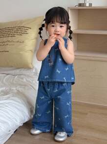 SHEIN 2件套女婴白色蝴蝶结装饰蓝色牛仔背心和裤子套装 - 深色水洗藍 - 查看 2