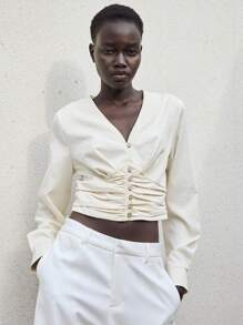 Lumivelle 女士设计师款精致V领长袖褶裥短款上衣，适合大学穿着 - 杏色 - 查看 7