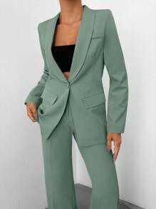 SHEIN Conjunto de chaqueta y pantalones de mujer con cuello de chal de unicolor y manga larga
