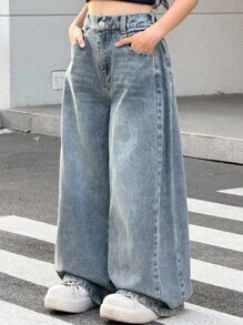 SHEIN 少女秋冬Y2K复古都市街头酷炫风做旧基础款韩版水洗蓝牛仔阔腿宽松牛仔裤，适合返校、返校节、秋冬、街头风、夜间外出、圣诞节等场合。 - 淺色水洗藍 - 查看 8