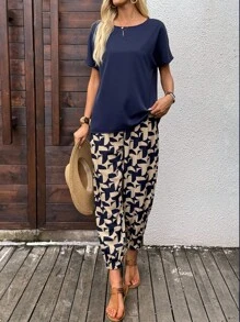 EMERY ROSE 休闲女式两件套服装，搭配随机印花裤和蓝色梭织 T 恤，两件套女式上衣和裤子套装，女式两件套裤子套装，女式衬衫和裤子套装，两件套休闲套装女式 - 藍色 - 查看 4