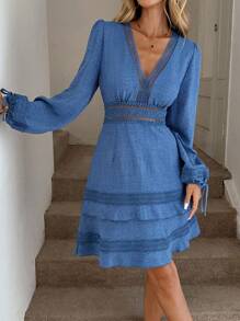 Easowa Vestido curto feminino com decote em V, manga bufante, manga lanterna, gravata, laço, renda, patchwork, cintura, linha A, manga comprida, casual, solto, estilo retrô - Azul - Ver 3