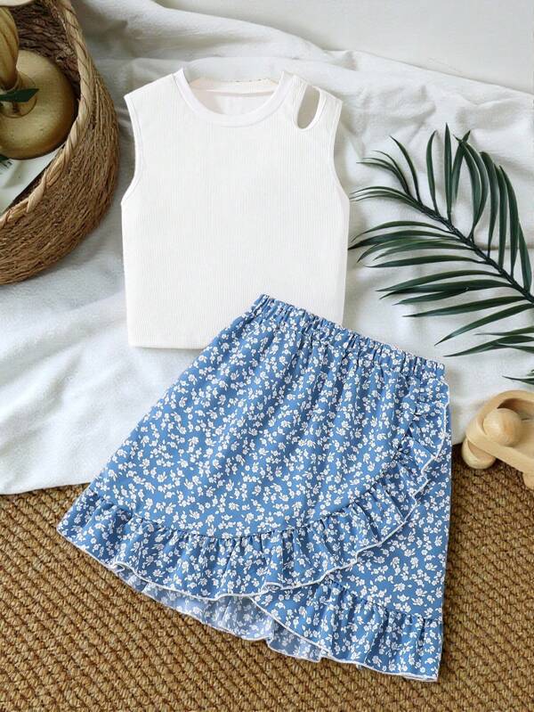 SHEIN Vintaside Kids Teen Girl Solid Color Hollow Out Camisole & Broken Heart Shaped Skirt Set For Summer,Holiday,Summer,Travel