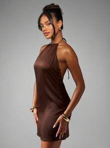 MISSGUIDED Gaun Mini Satin Leher Halter Tanpa Punggung untuk Pesta Malam, Klub, Tanpa Lengan, Musim Panas, Acara Malam, Tamu Pernikahan, Gaun Pendek Model A-Line - Coklat - View 1