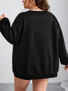 SHEIN CURVE+ Curves Plus Size/Chool Clothes/Back To School Clothes /Back To SchoolPlus Size Women's Casual Simple Black V-Neck Loose Fit Sweatshirt, Suitable For Autumn/Winter Plus Size Sweatshirts Plus Size Sweatshirt Women Black Sweatshirt V-Neck Sweatshirt Plus Size Top Fall/Autumn /Winter