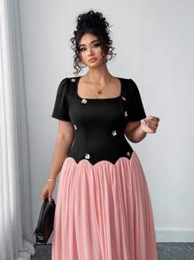 Elenzga Plus Size Women Color Block Fit-And-Flare Midi Dress - Black - View 4
